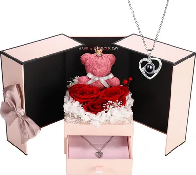 Produktbild von Präsentiertes Rosen-Geschenkset enthält Silberkette mit Bär und Herz für Muttertag, Geburtstag, Weihnachten, Valentinstagsgeschenke