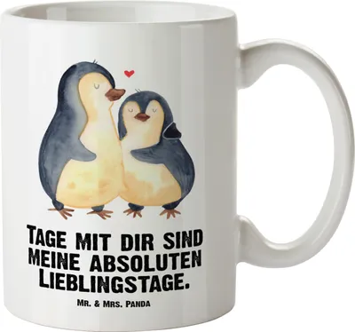 Produktbild von Mr. & Mrs. Panda Pott Pinguin umarmen - Weiß - Geschenk, Hochzeitstag, Hochzeitsgeschenk, Keramiktasse, Große Teetasse, Tasse, steingut, weisse, Liebe
