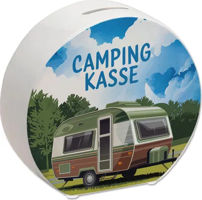 Produktbild von Wohnwagen auf Feld - Camping Kasse Spardose