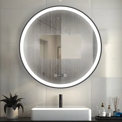 Produktbild von LED Spiegel mit Beleuchtung Rund Badezimmerspiegel 60x60cm mit Uhr Beschlagfrei Wandspiegel mit Touch- und Wandschalter 3 Lichtfarbe dimmbar Speicherfunktion