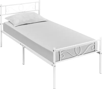 A white metal bed frame with a mattress and pillow on a white background.