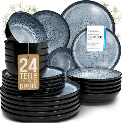 Produktbild von Pure Living Ibiza Steingut-Geschirrset 23-teilig für 6 Pers. Schwarz/Grau