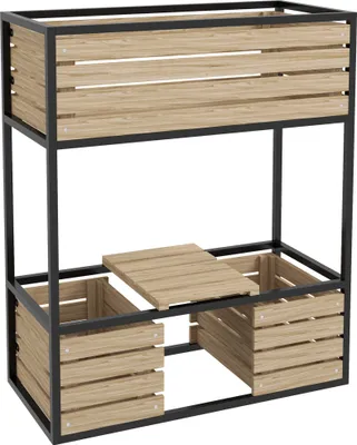 Produktbild von Fortuna Lai Hochbeet aus Holz 2-stufiger Blumenkasten mit Ablage erhöhtes Gemüsebeet mit Innenvlies Kräuterbeet hellbraun 83 x 39 x 100 cm