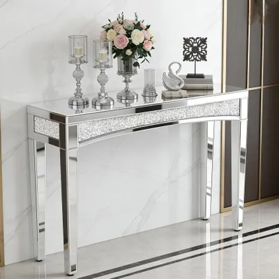 Immagine prodotto di Vrygle Tavolino da ingresso 120 cm – Tavolino da ingresso stretto in cristallo, tavolino argentato per soggiorno, corridoio e camera da letto, 120 × 35 × 79 cm