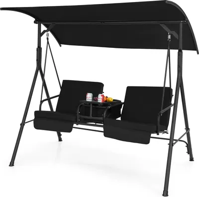 Produktbild von COSTWAY 2-Sitzer Hollywoodschaukel mit Kühltasche, drehbarem Tablett, verstellbarem Dach & abnehmbaren Kissen, Gartenschaukel 181x124x161,5cm Schwarz