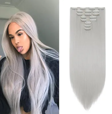 Immagine prodotto di Set di extension per capelli da 8 pezzi, per allungare i capelli, lisci, color grigio chiaro, lunghezza 70 cm