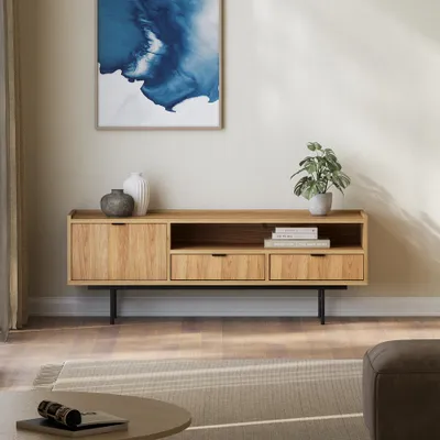 Produktbild von BEAUTYSOFA | TV-Schrank EVRON 150 cm, Fernseherschrank mit 2 Schubladen, 1 Tür und offener Ablage, Hikory Natur