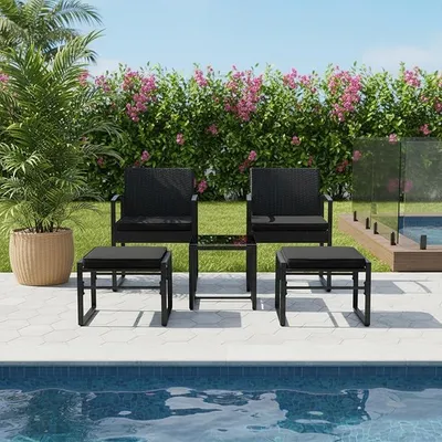 Immagine prodotto di Set di mobili da giardino per 2-4 persone, tavolo da giardino con sedie per cortile e balcone, colore nero, composto da: 2 poltrone, 1 tavolo e 2 poggiapiedi
