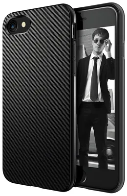 A black carbon fiber patterned phone case is shown next to a smartphone displaying a black and white image of a man in a suit.