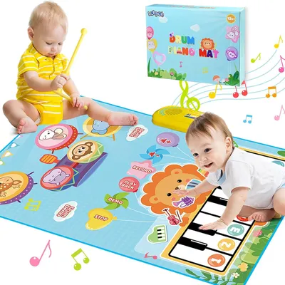 Image de Jouet pour bébé à partir de 1 an – Tapis musical 2 en 1 : piano et tambour, avec 8 touches de piano, 5 touches de tambour avec des sons d'animaux, 6 sons d'instruments et 13 chansons de démonstration – Jouet éducatif pour garçons et filles