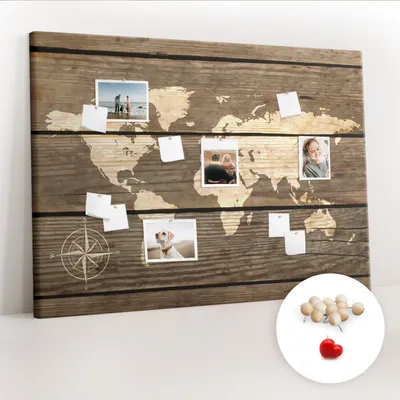 Imagen del producto de Tablero de corcho con chinchetas - Tablero con chinchetas para fotografías y notas - 140x100 cm - 100 chinchetas de madera - Mapa del mundo hecho de madera