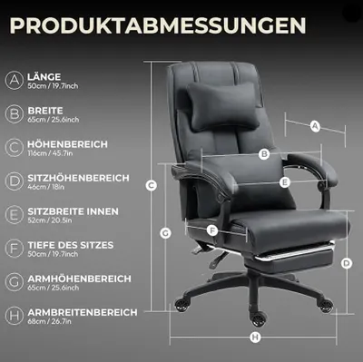 Immagine prodotto di Sedia da ufficio ergonomica, nera, in ecopelle, con supporto lombare e poggiapiedi regolabili