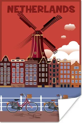 Produktbild von MuchoWow® Poster Amsterdam am Wasser auf einer Illustration 60x120 cm - Wandschmuck