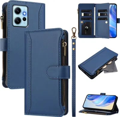 Obrázek produktu pro Pouzdro pro Xiaomi Redmi Note 12 4G, zipem, peněženkovéPolyuretankožené flip pouzdro s kapsami na karty, stojánkem a poutkem na ruku modrý