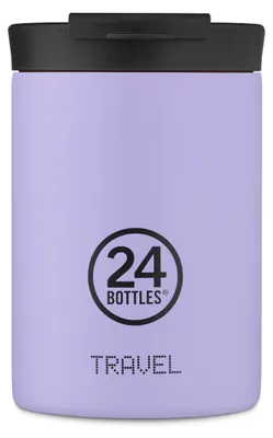 A close-up studio shot of a purple travel tumbler with a black lid.