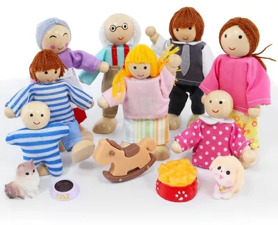 Immagine prodotto di Set per bambole in legno, con 13 pezzi, per ricreare la vita di una famiglia
