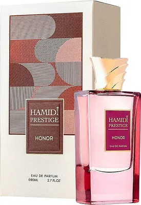 A perfume bottle and its packaging are displayed against a white background.