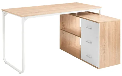 Produktbild von BELIANI Eckschreibtisch Hellbraun u. Weiß Faserplatte Eisen 140 x 100 cm mit Schubladen und Regalfächern Stauraum Homeoffice Schreibtisch Bürotisch