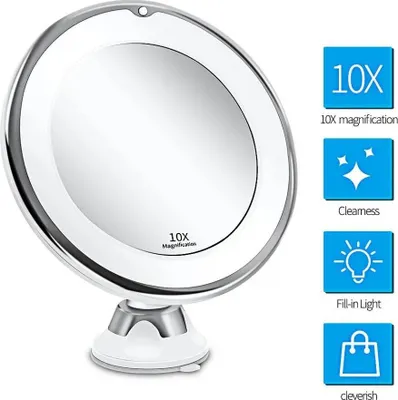 Zdjęcie produktu dla Lusterko kosmetyczne LED z 10-krotnym powiększeniem, mocna przyssawka, lusterko do makijażu, lusterko do golenia z nieoślepiającym oświetleniem, obracane o 360° do domu i podróży, białe, okrągłe