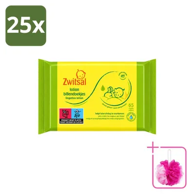 Productafbeelding van 25 x Zwitsal babydoekjes met lotion, geschikt voor de gevoelige huid, 65 stuks - voordelingsverpakking - 25 stuks