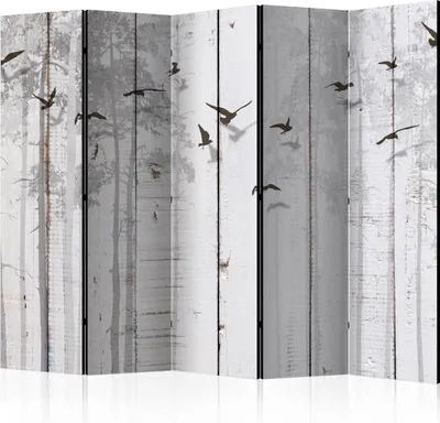 Produktbild von 5-teiliger Doppelseitiger Vlies Paravent - Birds on Boards II 225x172 cm Landschaften f-C-0178-z-c