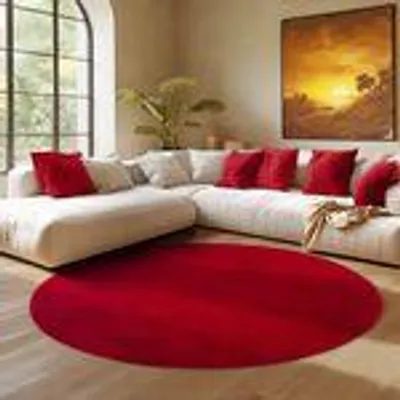 A living room scene with a sectional sofa and a large red rug.