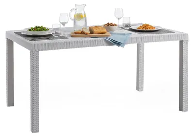 Produktbild von Outdoor Tisch Debueh, rechteckiger Gartentisch, Mehrzweck-Gartentisch in Rattan-Optik, 100 % Italy, 150x90h74 cm, Weiß