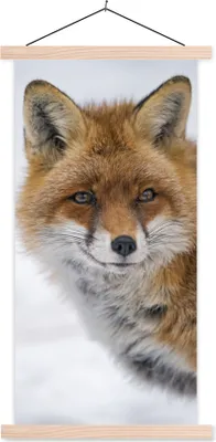 Produktbild von MuchoWow® Textilposter Fuchs - Porträt - Schnee 60x120 cm mit holzfarbenen Rahmen - Holz