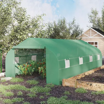 Produktbild von Foliengewächshaus XXL begehbar, Giebeldach Tomatenhaus Treibhaus, verzinkter Stahlrahmen PE-Folie, Grün | 595 x 300 x 200 cm | 8 Netzfenster | 21,5 kg