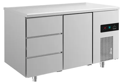 Produktbild von Gastro Kühltisch | Edelstahl | 1 Tür / 3 Schubladen | 1400 x 700 x 850 mm | -2 / +8 °C | 281 Liter