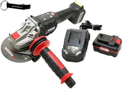 A cordless angle grinder with accessories, including batteries and a charger, laid out on a white background.
