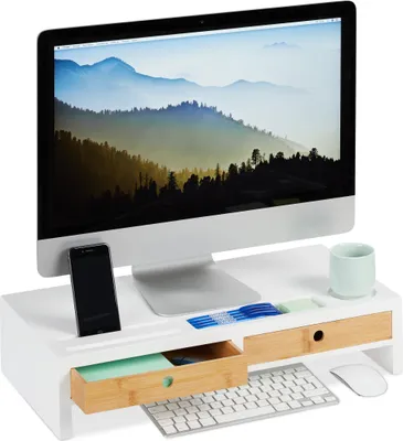 Produktbild von Relaxdays Monitorständer, 2 Schubladen, PC Erhöhung für Schreibtisch, Bambus & MDF, HBT: 12 x 55,5 x 27 cm, weiß/natur