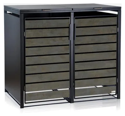 Produktbild von Mülltonnenbox für 2 Mülltonnen | (B) 132 x (T) 80 x (H) 117 cm | Anthrazit RAL7016 | Tür in dunkelgrauer Holzoptik mit Erweiterungsmöglichkeit | Mülltonnenverkleidung, Garten Müllbox