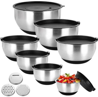 Produktbild von 7-teiliges Edelstahl-Schüsselset mit Deckel, 3 Reiben, Rührschüssel-Set zum Backen und Aufbewahren, stapelbar, spülmaschinenfest (0,63/1/1,5/2/3/4/5 QT)