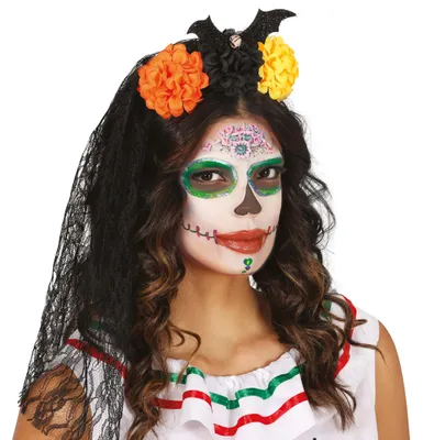 Produktbild von Tag Der Toten Haarreif Mit Schleier Bunte Blumen Halloween Kopfschmuck Schwarze Verzierungen Blumenkrone Festlicher Haarschmuck Farbenfroher, Farbe: Schwarz
