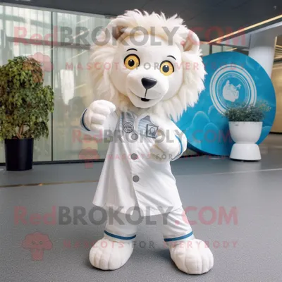 Produktbild von Weißer REDBROKOLY Löwe Maskottchen kostüm gekleidet in einen Playsuit und Schals