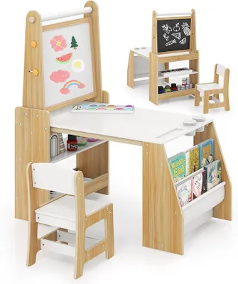 Imagen del producto de Juego de mesa y silla infantil de madera con caballete, mesa de dibujo para niños con pizarra de doble cara, rollo de papel, bolsas de almacenamiento, juego de mesa y silla para niños y niñas a partir de 3 años (color natural)