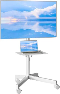 Immagine prodotto di Carrello mobile per TV Unyqoos®, regolabile in altezza con ruote e freno di stazionamento, ripiano regolabile per laptop, acciaio, compatibile con schermi da 23 a 60 pollici (standard VESA fino a 400 x 400 mm), con sistema di gestione dei cavi