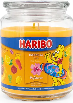 Produktbild von Haribo™ Duftkerze Tropical Fun, 2 Dochte, HxD: 13x10 cm, 100h Brenndauer, Kerze im Glas, Limette, Apfel, Ananas, orange