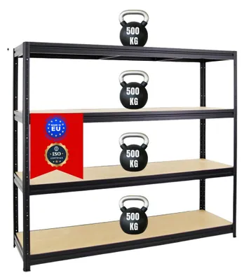 Produktbild von Schwerlastregal DINO | HxBxT 180x200x60cm | 4 MDF-Platten-Ebenen 6,5 mm | Fachlast 500kg | Schwarz