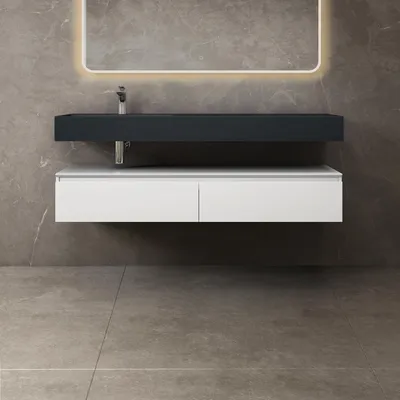 Produktbild von doporro Waschbecken-Unterschrank Badmöbel-Set in matt Weiß Design Waschplatz 150x48x25cm Badzimmerschrank inkl. matt Anthrazit Minralguss-Waschbecken UP
