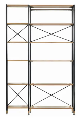 Produktbild von Möbilia Regal-Set | 1 breites Regal, 1 schmales Anbauregal | MDF mit Akazie-Nachbildung, Gestell Metall | B 127,5 x T 30 x H 210 cm | natur-schwarz | 12020088 | Serie REGAL