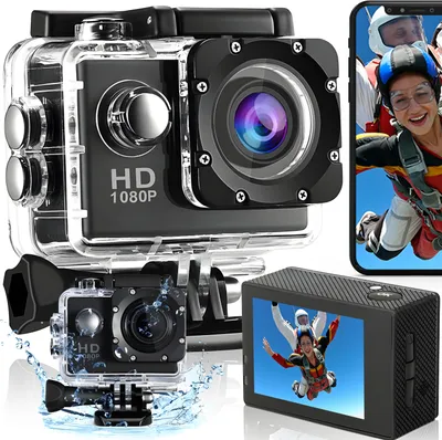 Produktbild von Action Cam Wasserdicht Unterwasserkamera Weitwinkel Helmkamera für Fahrrad Motorrad Tauchen Bildstabilisator Akku 400mAh 1080P Full HD Schwarz Retoo