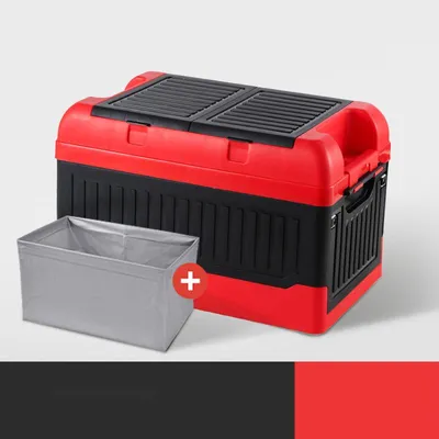 Immagine prodotto di Contenitore per il bagagliaio dell'auto, 2 coperchi, organizzatore pieghevole in plastica con diversi scomparti e borsa impermeabile, nero, rosso