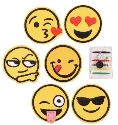 6 Stück geborduurde Smiley-Patches zum Aufbügeln, gelb, 4,8 cm