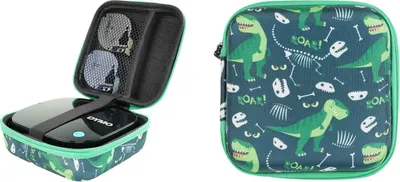 A collage showing an open and closed view of a protective case for a label printer. The case has a dinosaur print. The open view shows the label printer inside, and the closed view shows the exterior of the case.