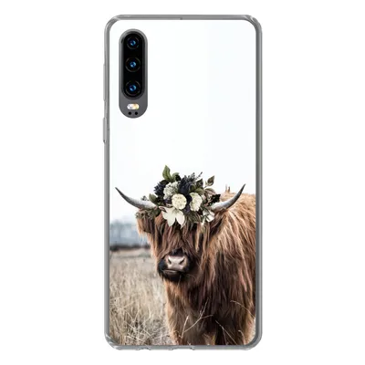 Produktbild von MuchoWow® Handyhülle Schutzhülle Hülle für Huawei P30 Schottischer Highlander - Blumen - Tiere Silikon Softcase Handy Hülle - Kartenbesitzer