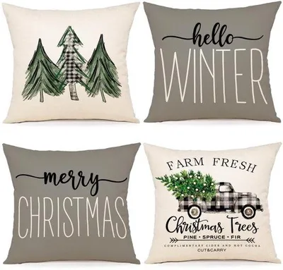 Produktbild von Unyqoos® 4er-Set Weihnachtskissenhüllen – graue Kissenbezüge mit Tannendekor, 40 x 40 cm, Leinen-Mischgewebe, verdeckter Reißverschluss