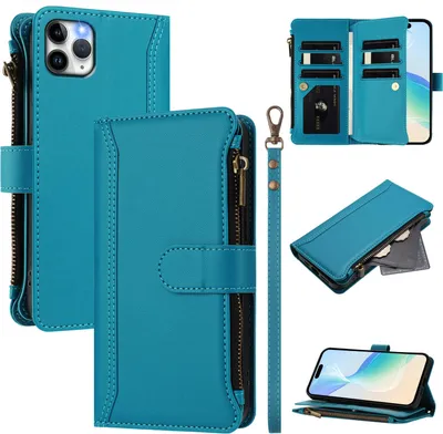 Obrázek produktu pro Pouzdro pro iPhone 11 Pro Max, zipem, peněženkovéPolyuretankožené flip pouzdro s kapsami na karty, stojánkem a poutkem na ruku Jezerní modrá