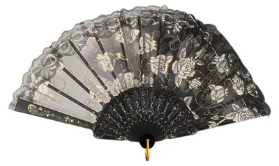 A black lace fan with a floral pattern is displayed against a white background.